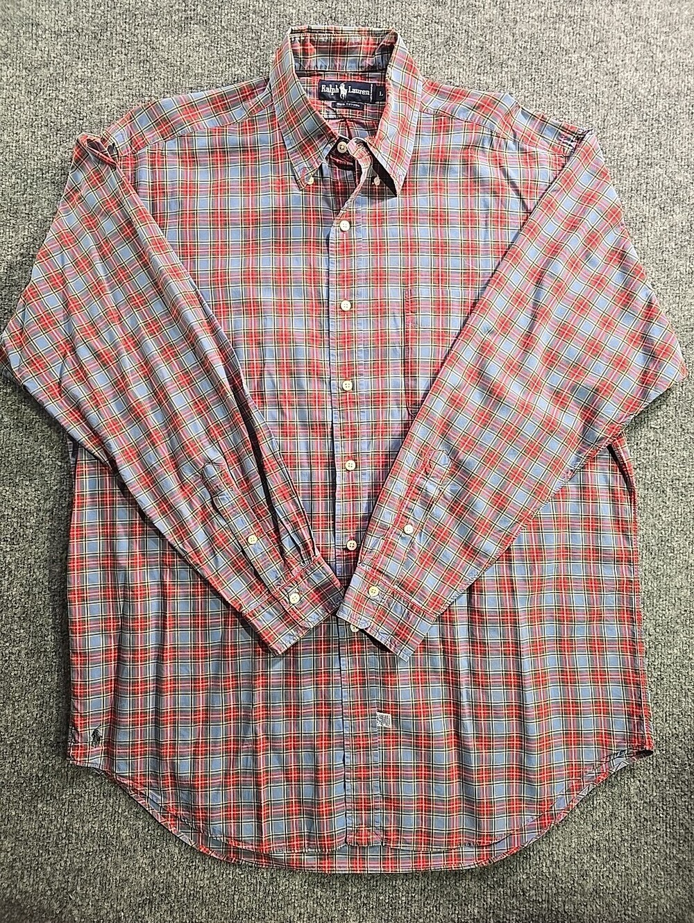 Ralph Lauren Polo Shirt Men's L Button Down Plaid LS Classic Boat Preppy Red